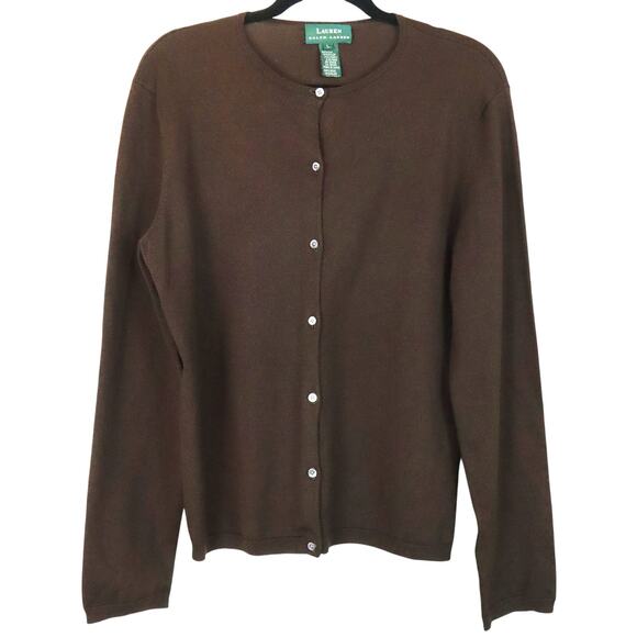 Lauren Ralph Lauren Dark Chocolate Brown Cardigan SILK Blend Womens Large Preppy - Picture 1 of 8